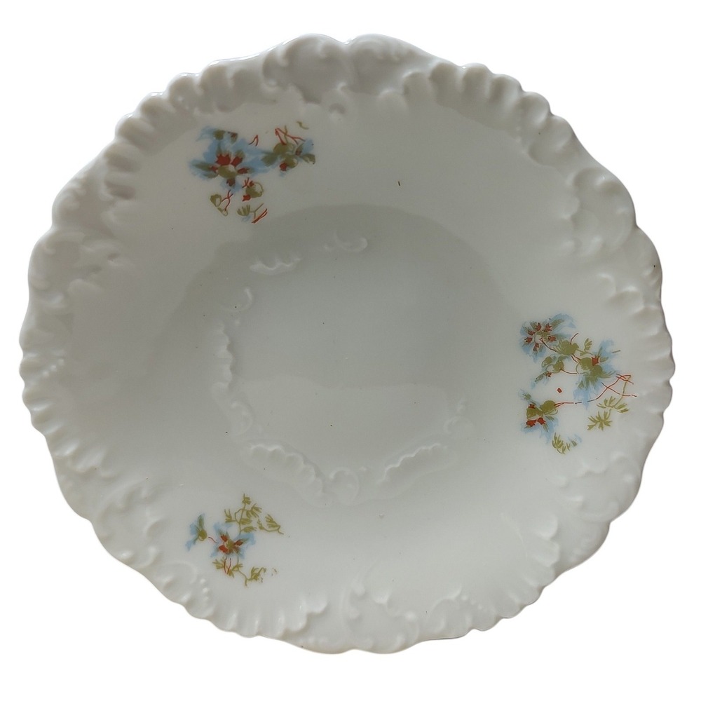 Antique P and B Limoges Demitasse Saucer Blue Floral Scalloped Edges Scroll Work